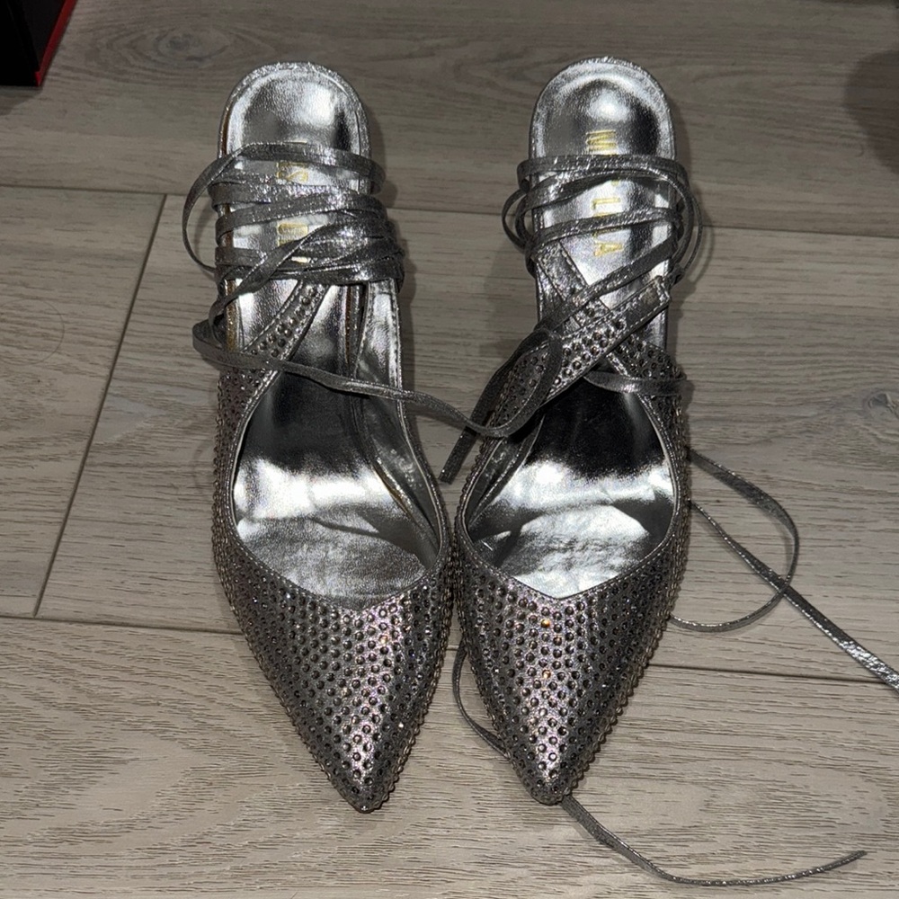 Miss Lola Metallic Silver Pointed-Toe Lace-Up Heels with Rhinestones